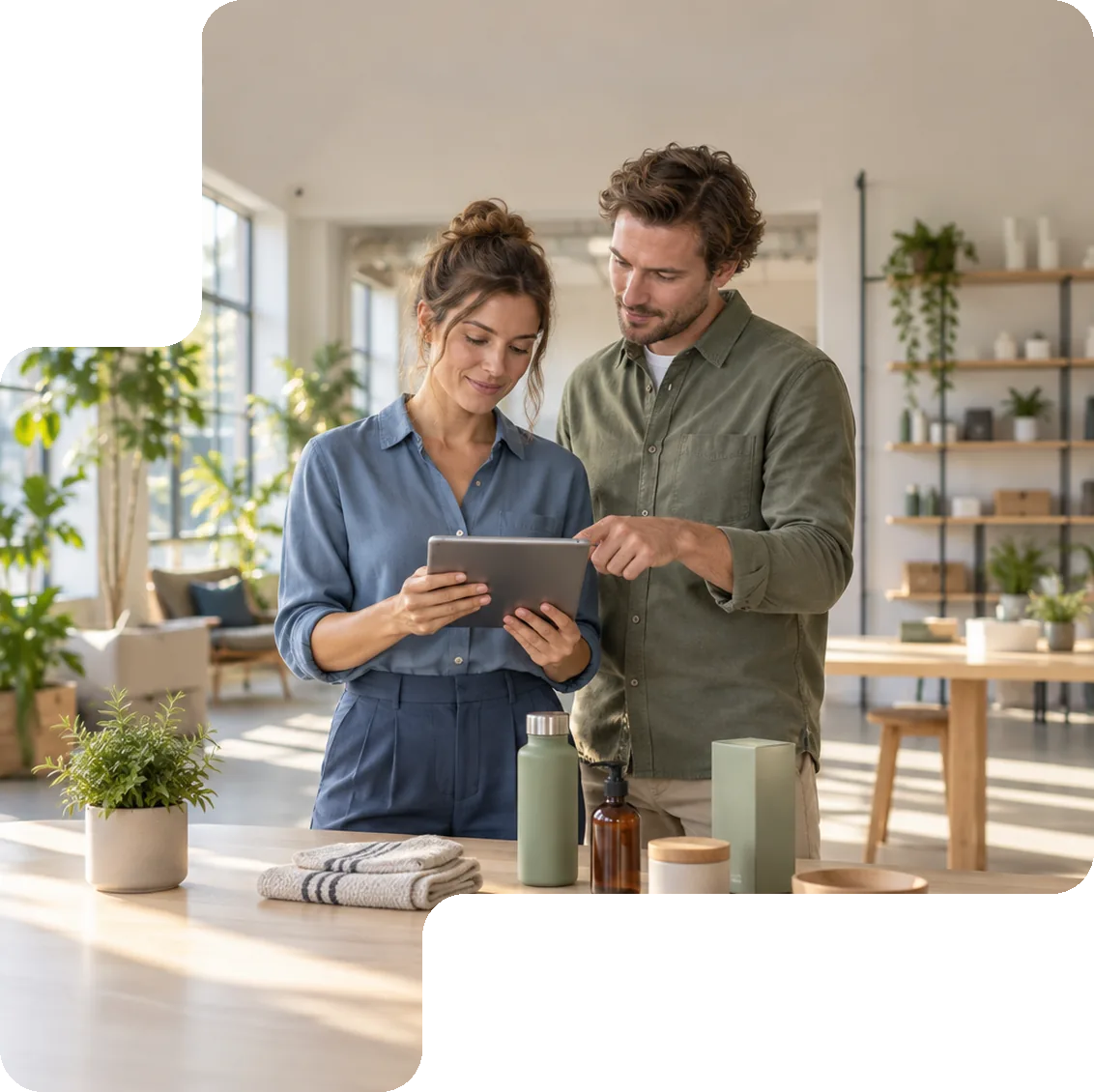 Two colleagues reviewing product information together on a tablet in a bright retail space