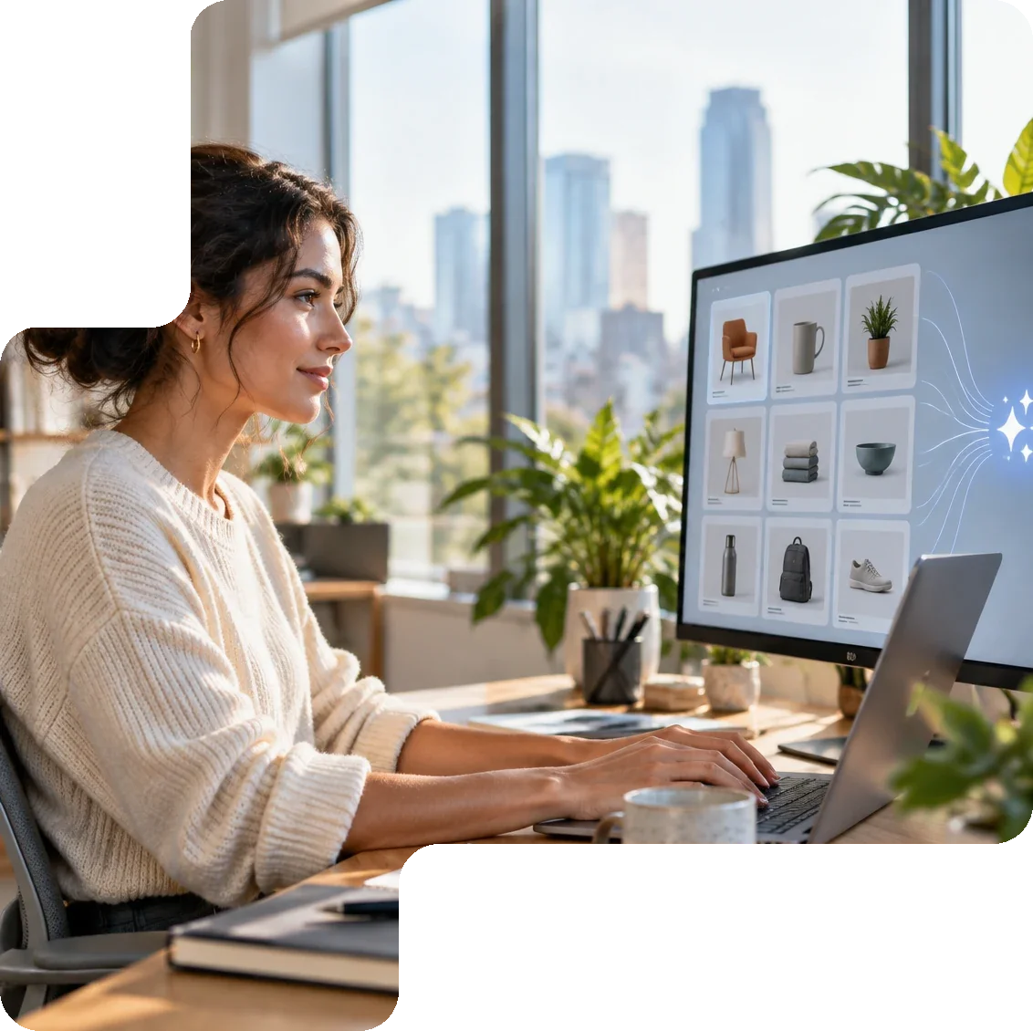 Collega werkt aan productdata terwijl AI op het scherm productkaarten verrijkt