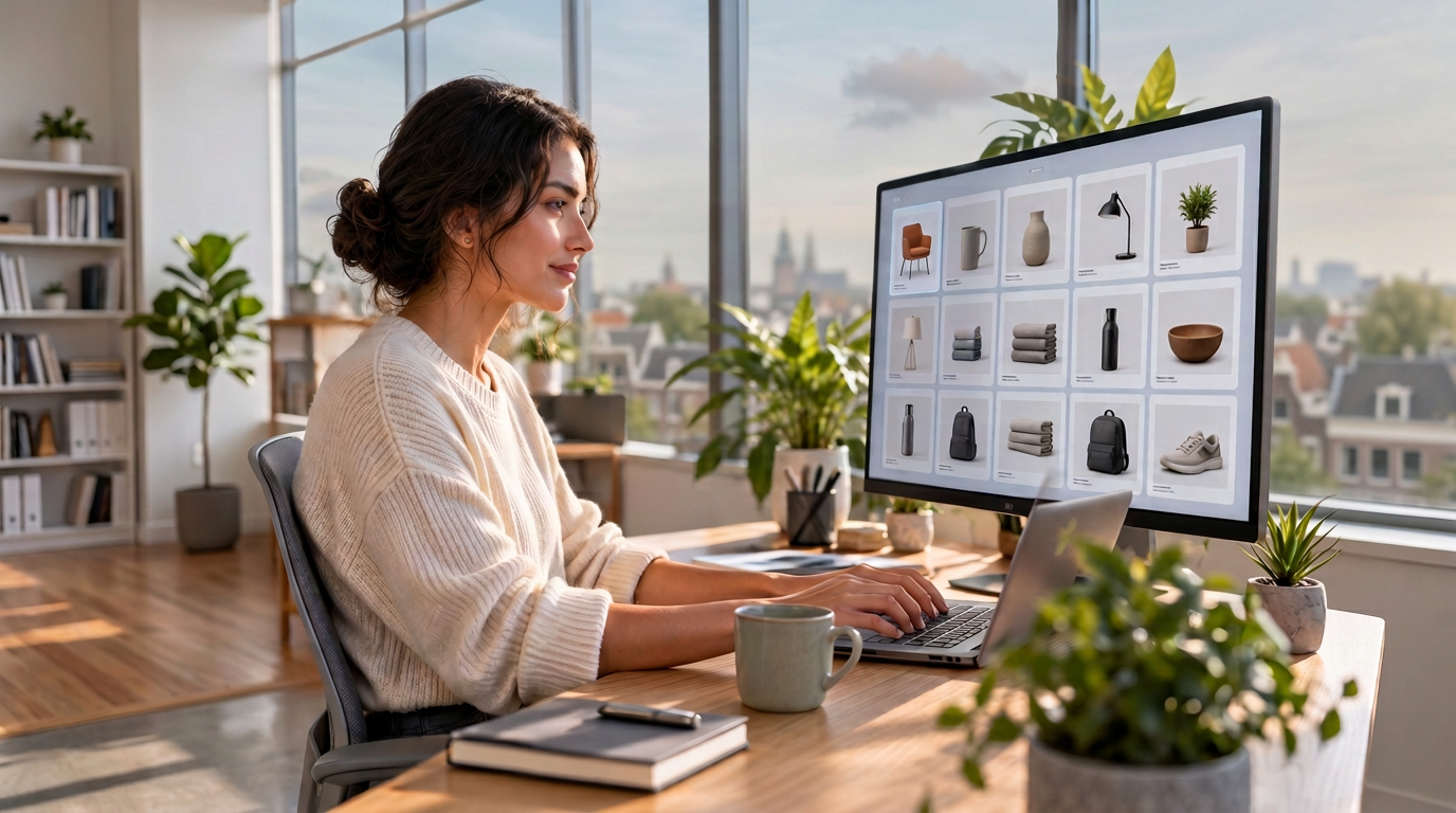 Colleague working on product data at her desk, with product cards on screen