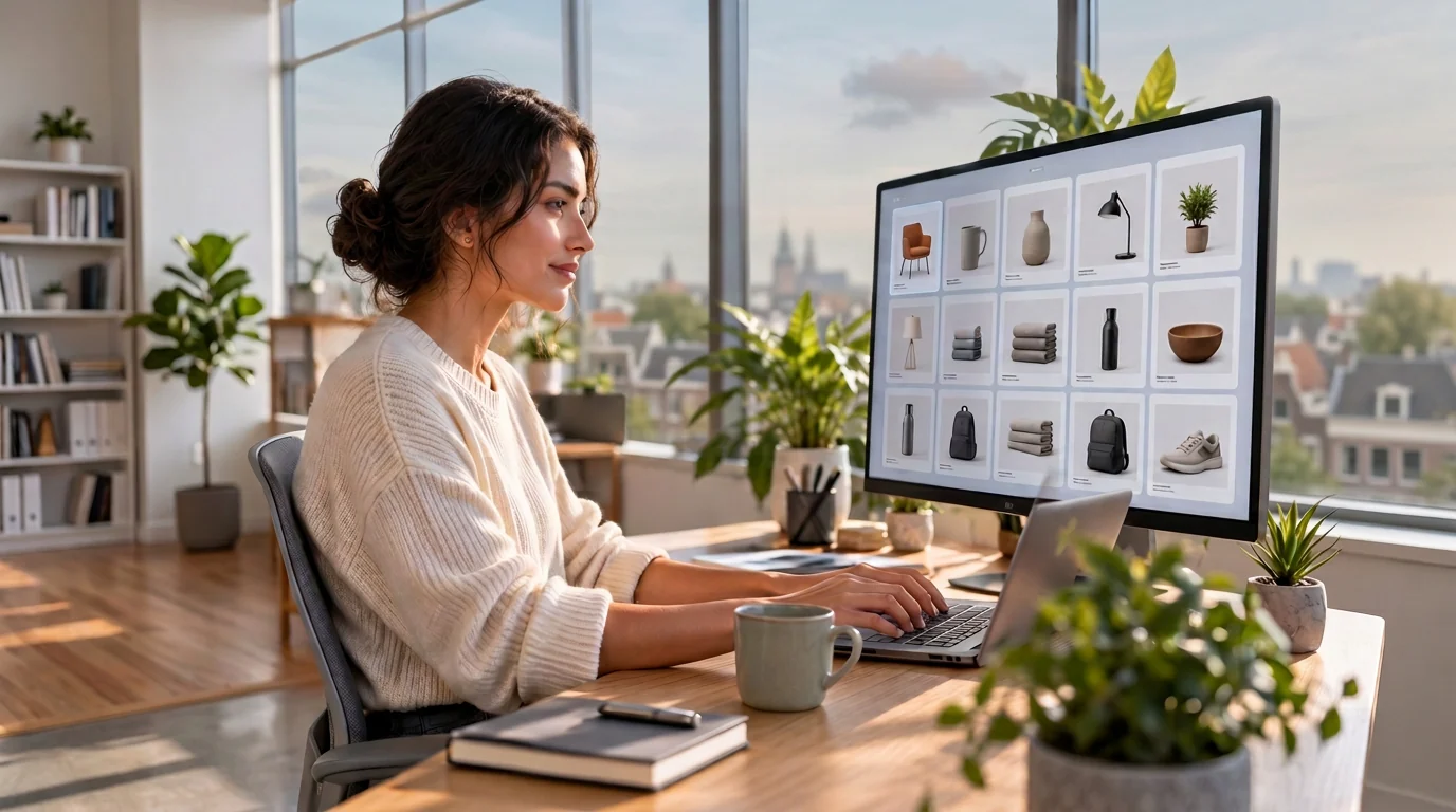 Collega werkt aan productdata op haar werkplek, met productkaarten op het scherm