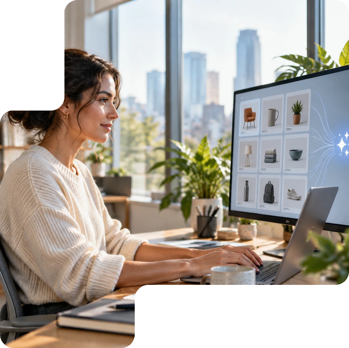 Collega werkt aan productdata terwijl AI op het scherm productkaarten verrijkt